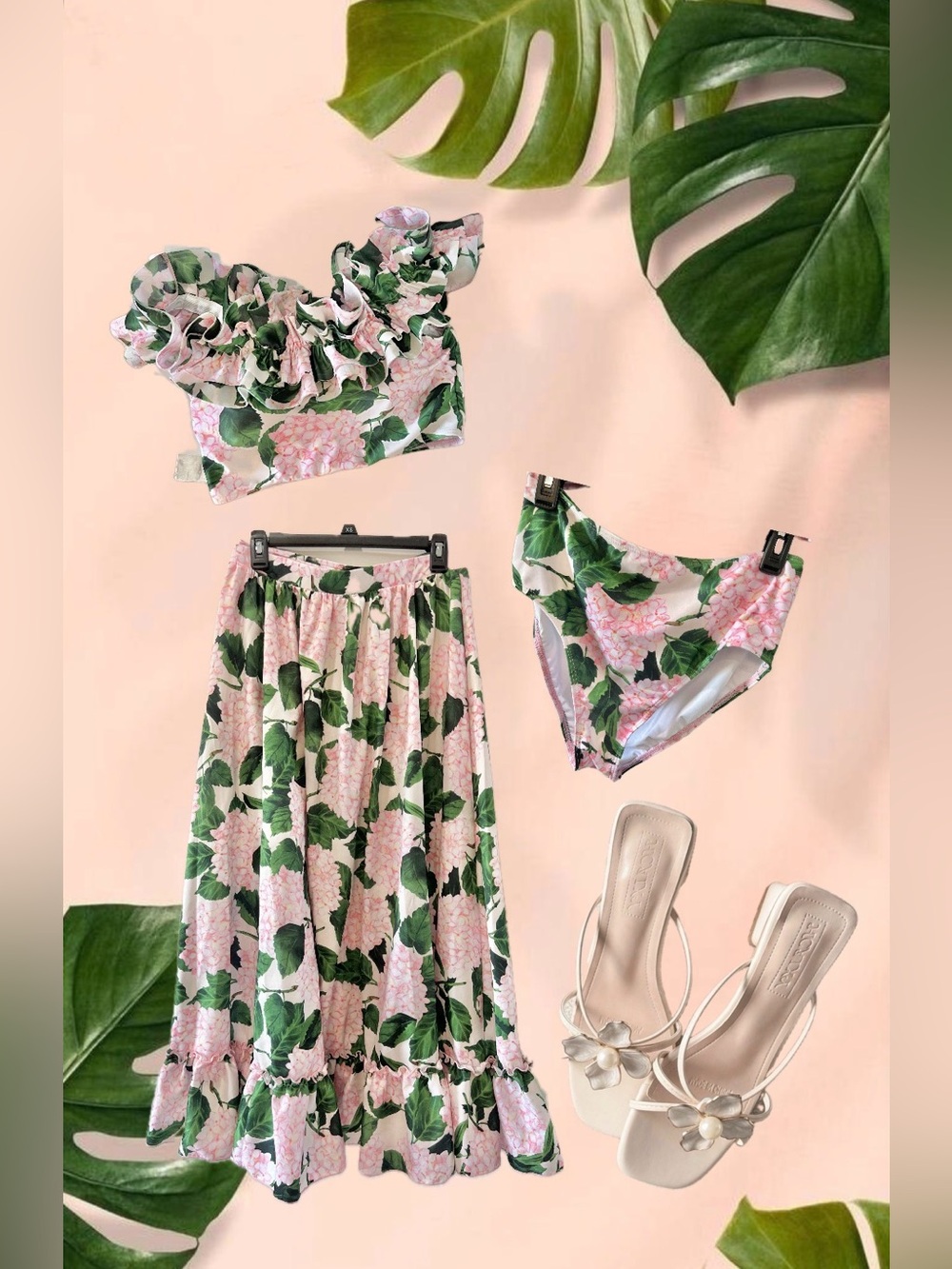 Floral 3 pc Pink & Green Ruffled Swim Maxi Set - Women Swim Maxi